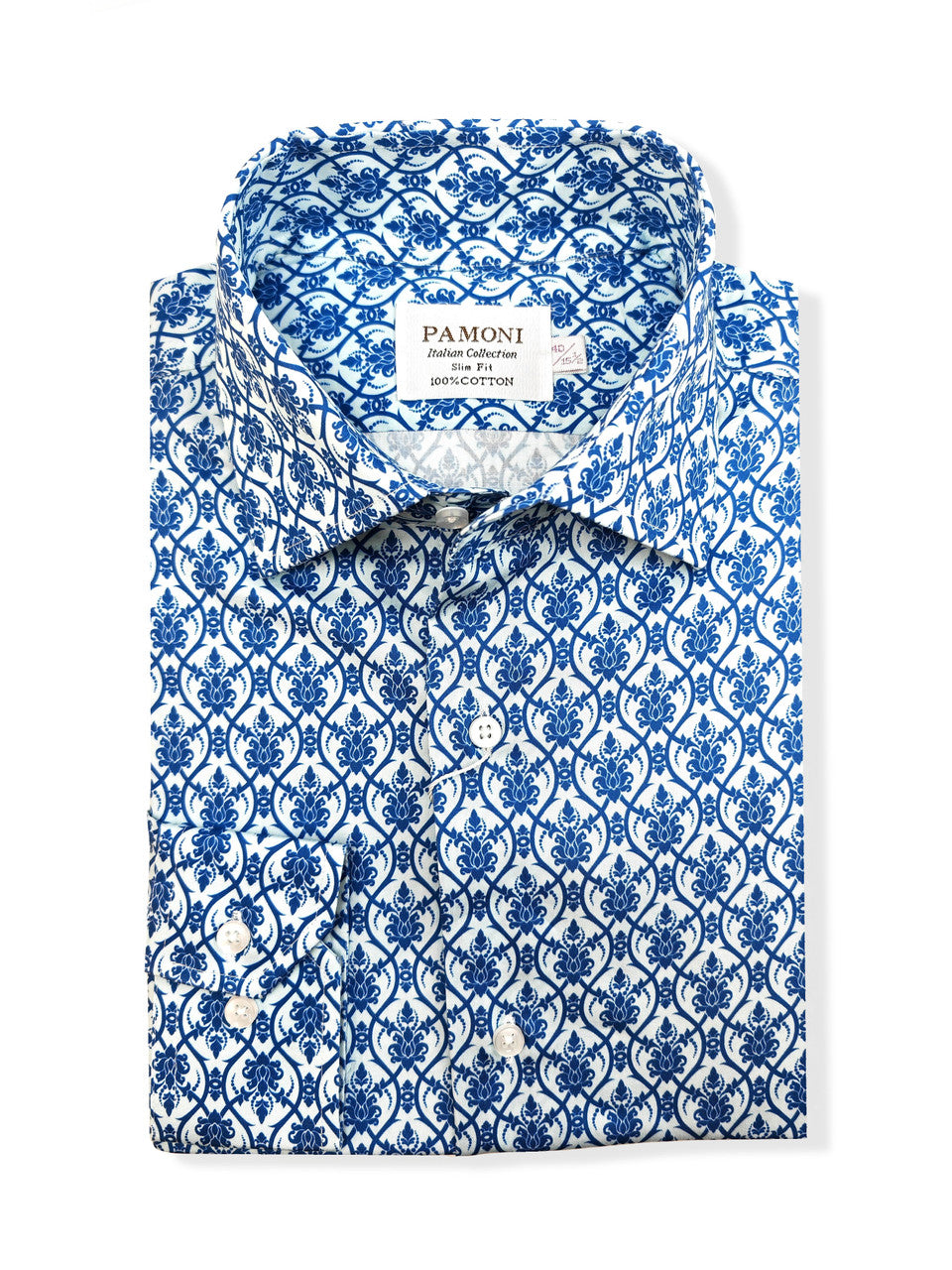 Men’s Blue Floral Tile Print Slim Fit Cotton Shirt - Image 2