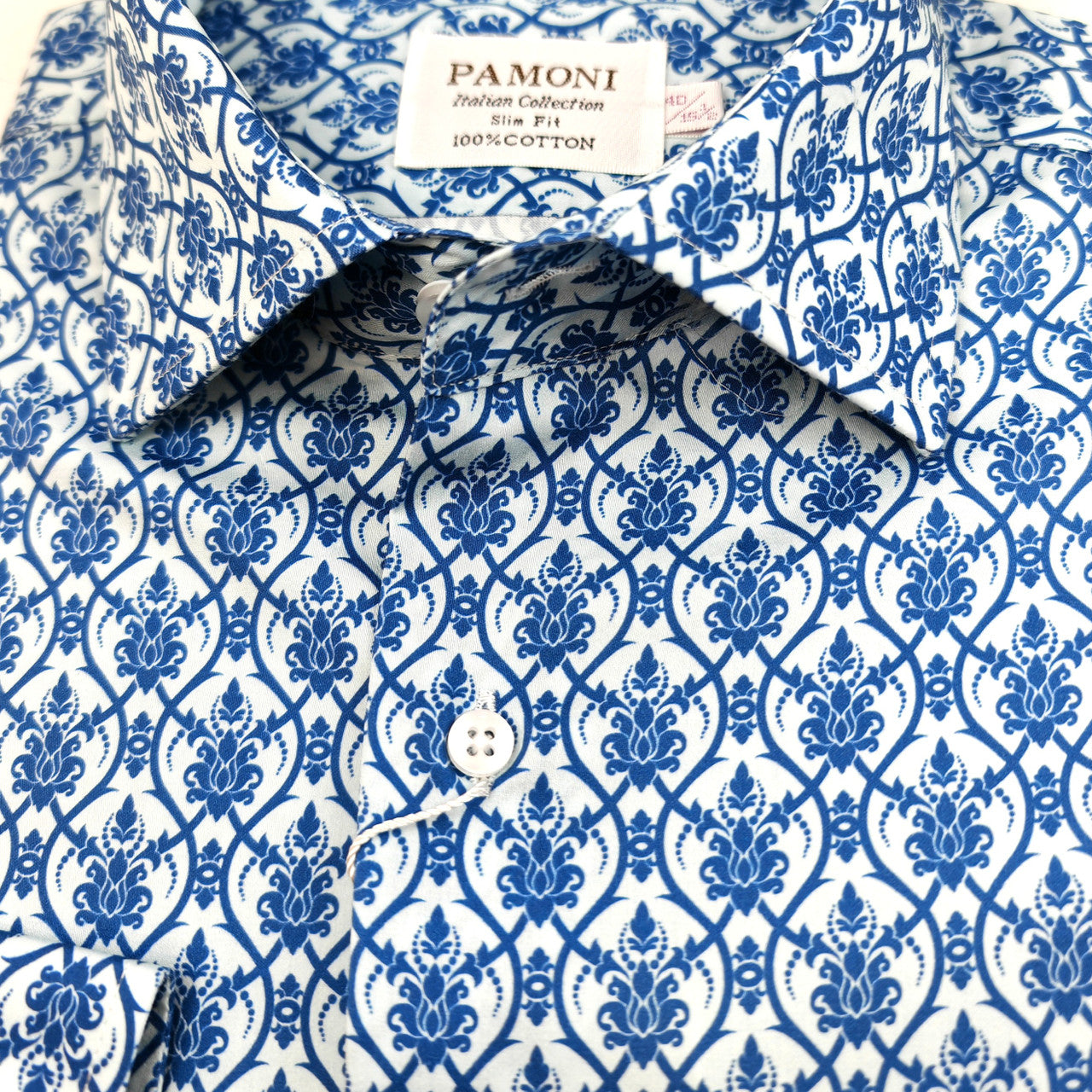 Men’s Blue Floral Tile Print Slim Fit Cotton Shirt - Image 3