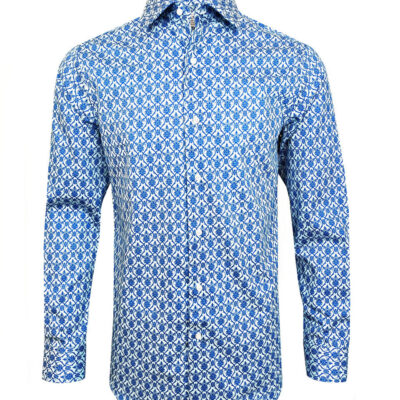 Men’s Blue Floral Tile Print Slim Fit Cotton Shirt