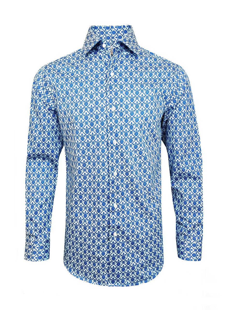 Men’s Blue Floral Tile Print Slim Fit Cotton Shirt