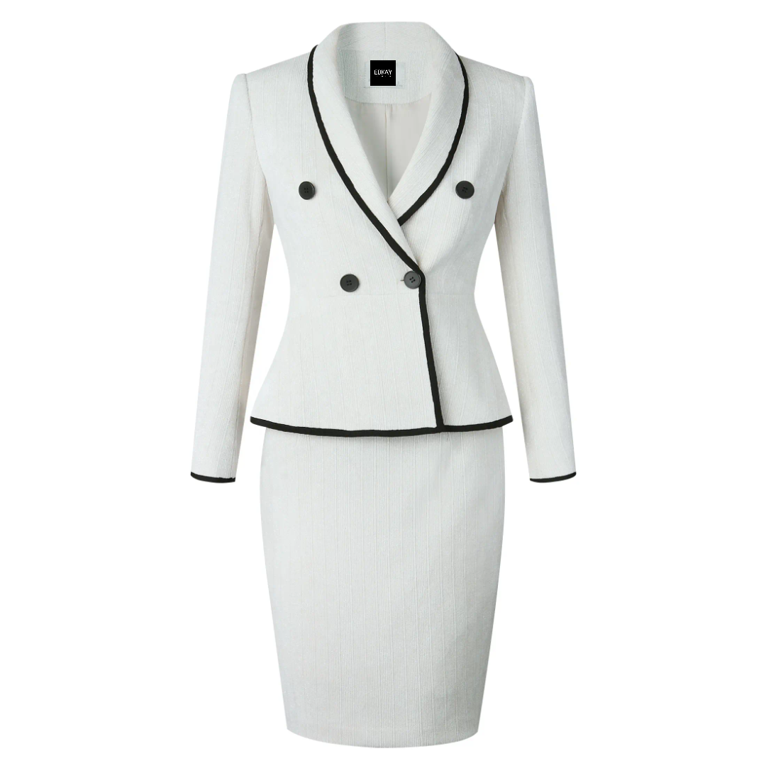 The beige piped peplum tweed skirt suit - Image 5