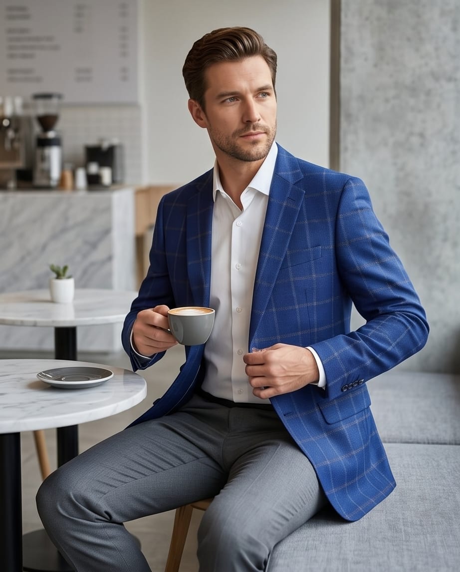 Royal Blue Windowpane Check Blazer - Image 4
