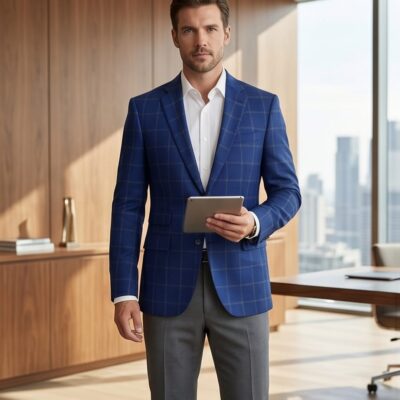 Royal Blue Windowpane Check Blazer