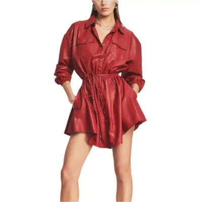 Women’s Red Flared Leather Mini Dress