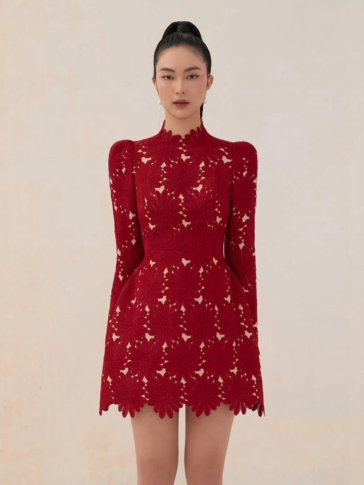 Short lace prom dress with padded long sleeves party overlay dress - Image 2
