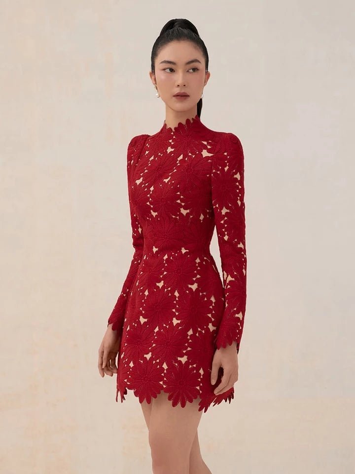 Short lace prom dress with padded long sleeves party overlay dress - Image 9