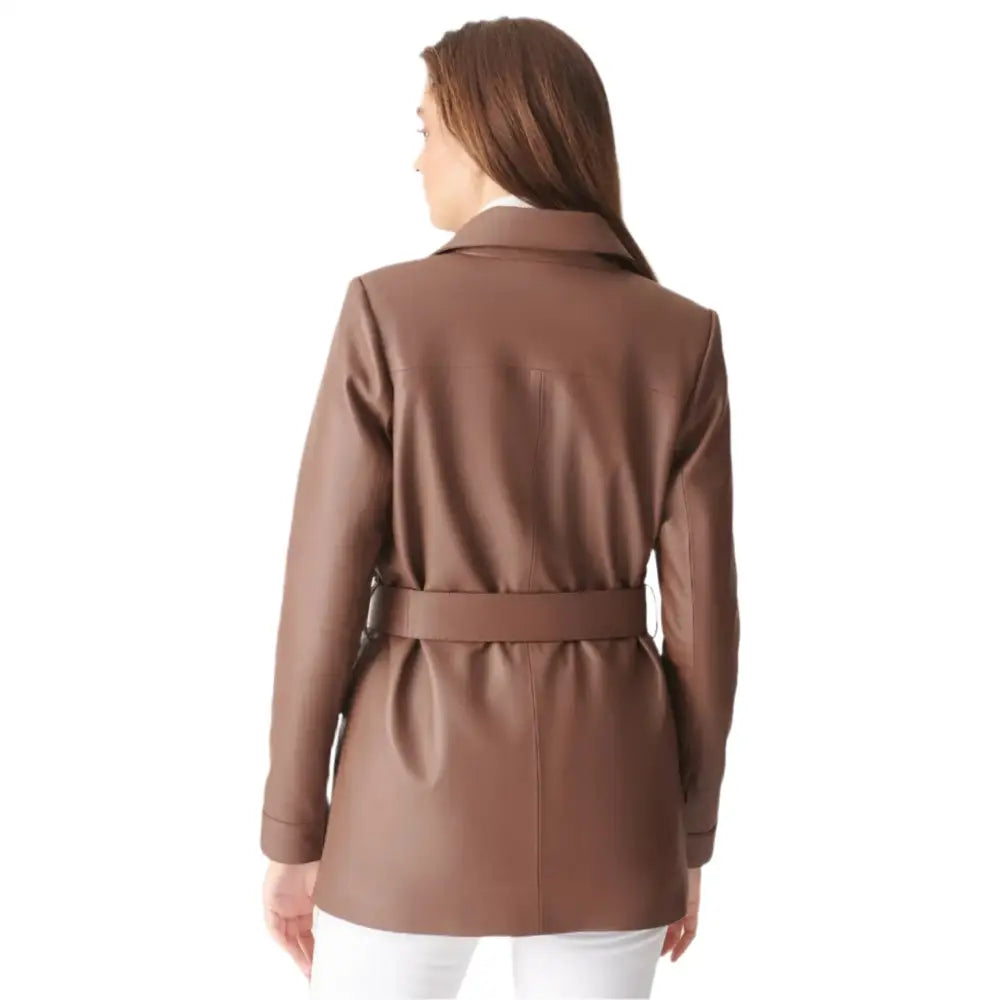 Women’s Brown Belted Leather Coat - Image 3